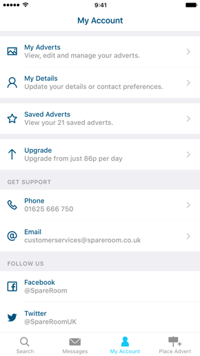 SpareRoom iPhone App screenshot of your account